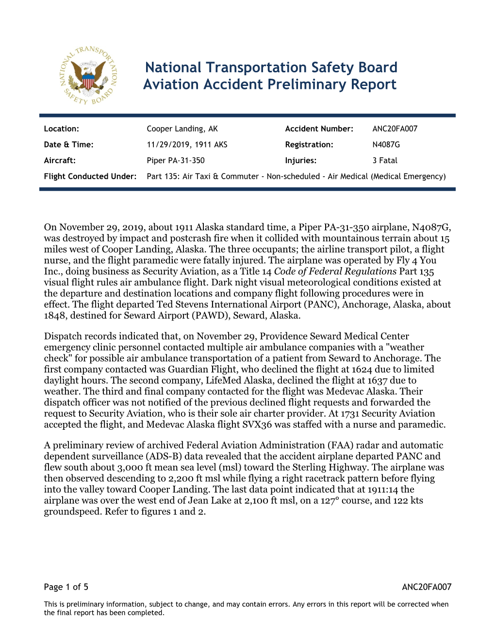 National Transportation Safety Board Aviation Accident Preliminary Report