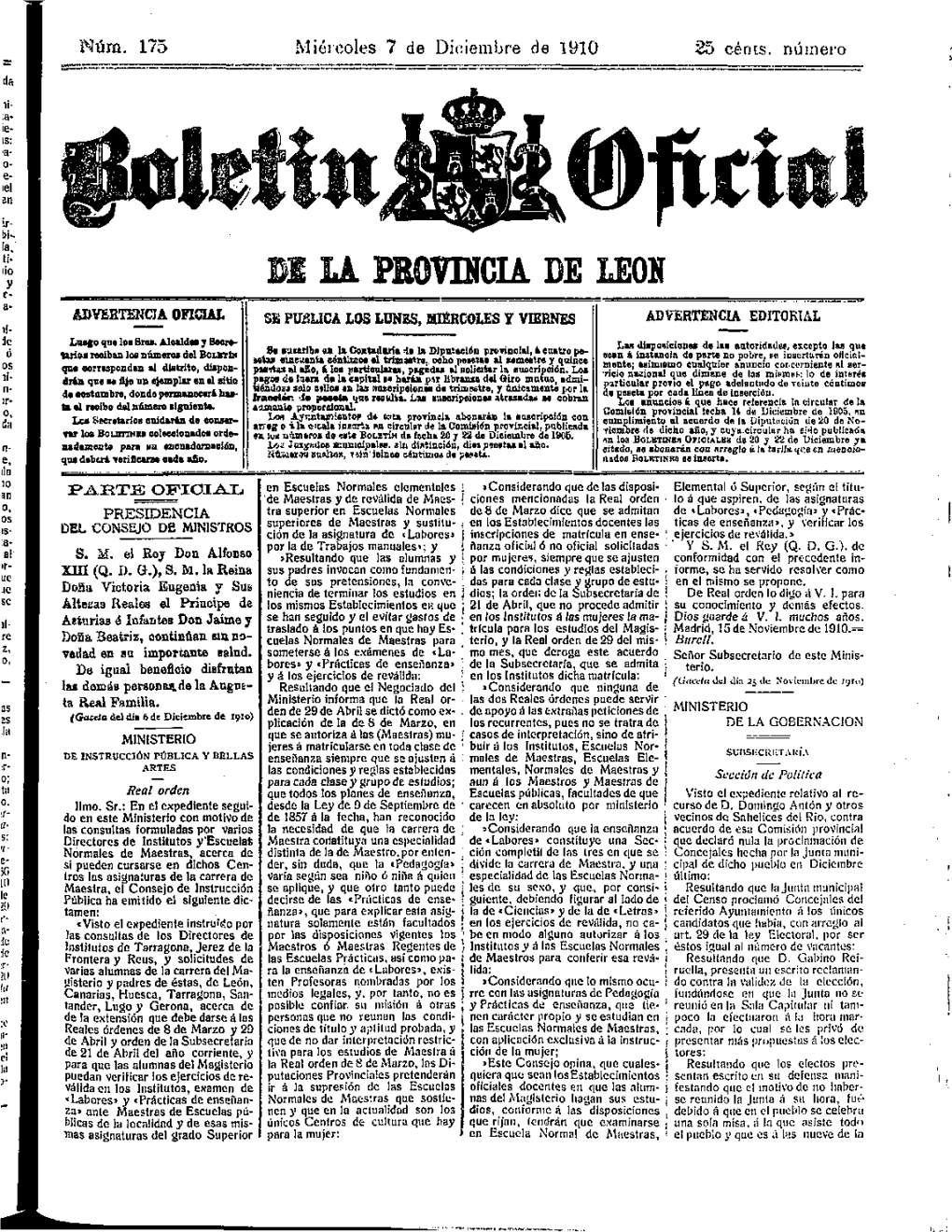 "Núra. 175 Miércoles 7 De Diciembre De 1910 25 Cénts. Número