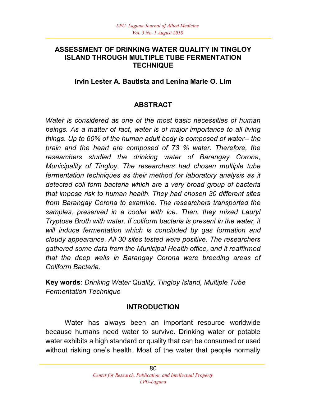 Assessment of Drinking Water Quality in Tingloy Island Through Multiple Tube Fermentation Technique