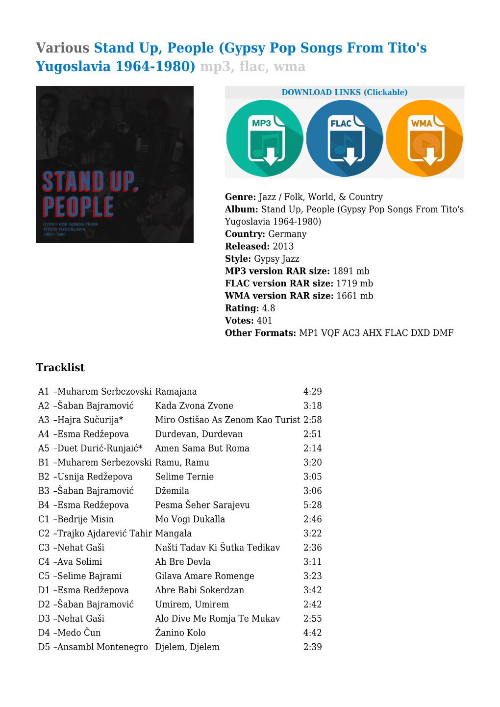 Various Stand Up, People (Gypsy Pop Songs from Tito's Yugoslavia 1964-1980) Mp3, Flac, Wma