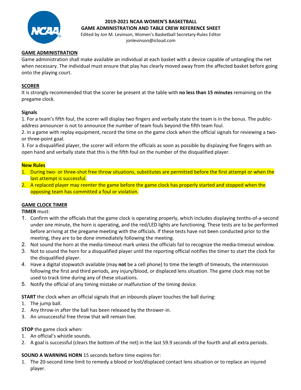 2019-2021 NCAA WOMEN's BASKETBALL GAME ADMINISTRATION and TABLE CREW REFERENCE SHEET GAME ADMINISTRATION Game Administration