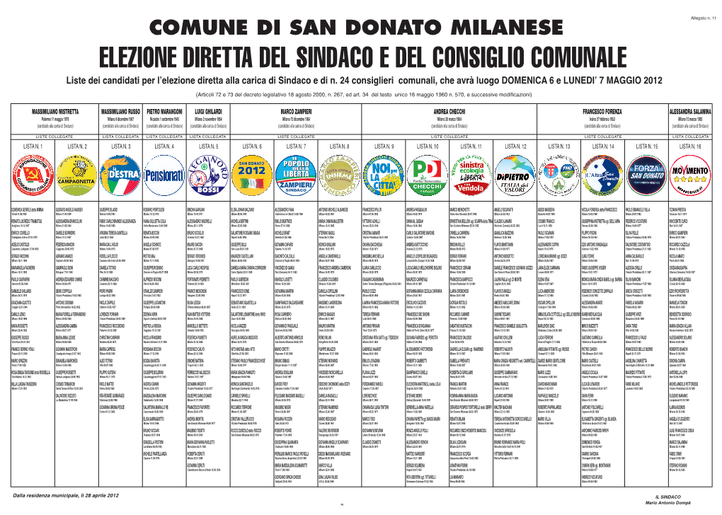 COMUNE DI SAN DONATO MILANESE ELEZIONE DIRETTA DEL SINDACO E DEL CONSIGLIO COMUNALE Liste Dei Candidati Per L’Elezione Diretta Alla Carica Di Sindaco E Di N