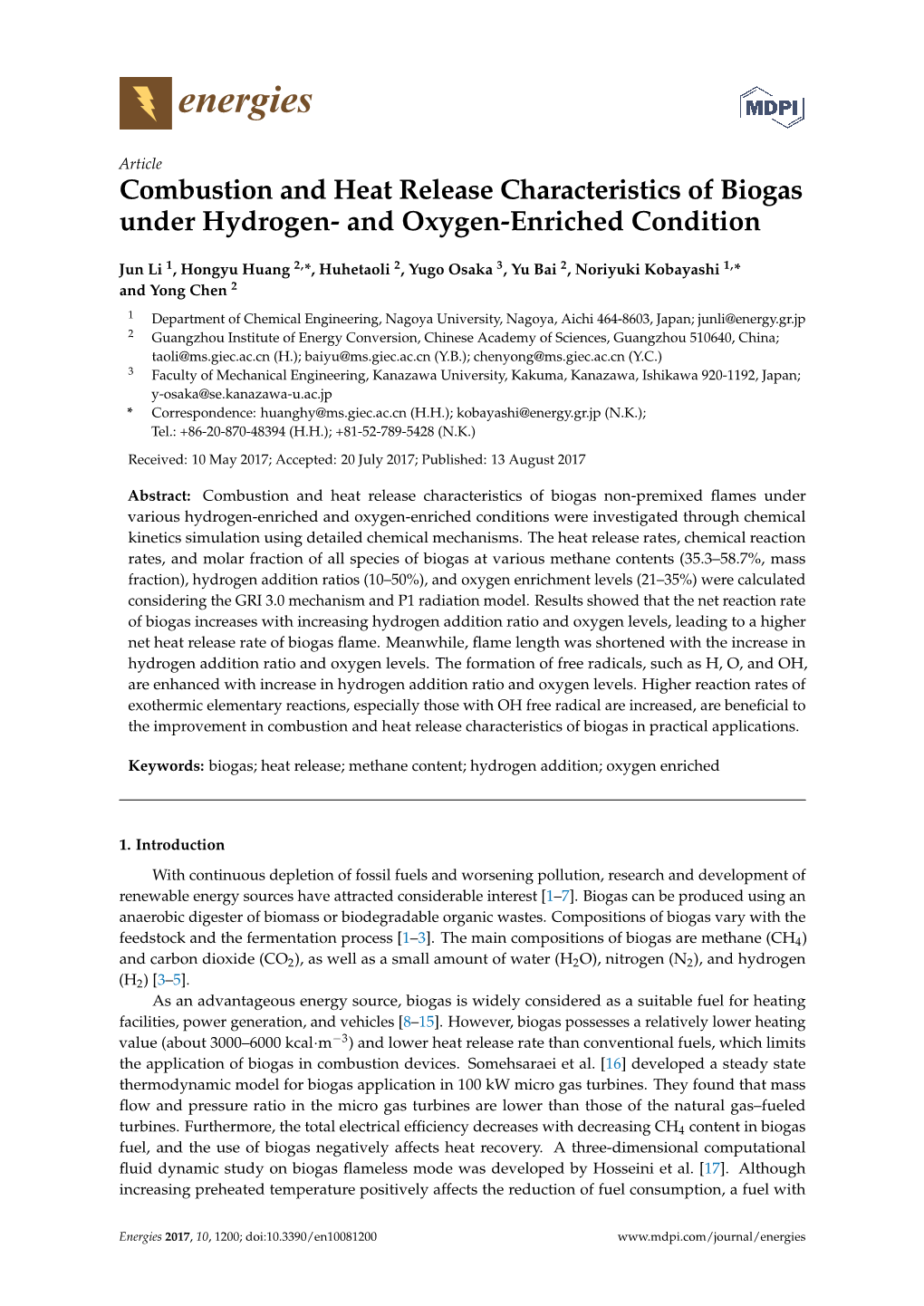 Combustion and Heat Release Characteristics of Biogas Under Hydrogen- and Oxygen-Enriched Condition