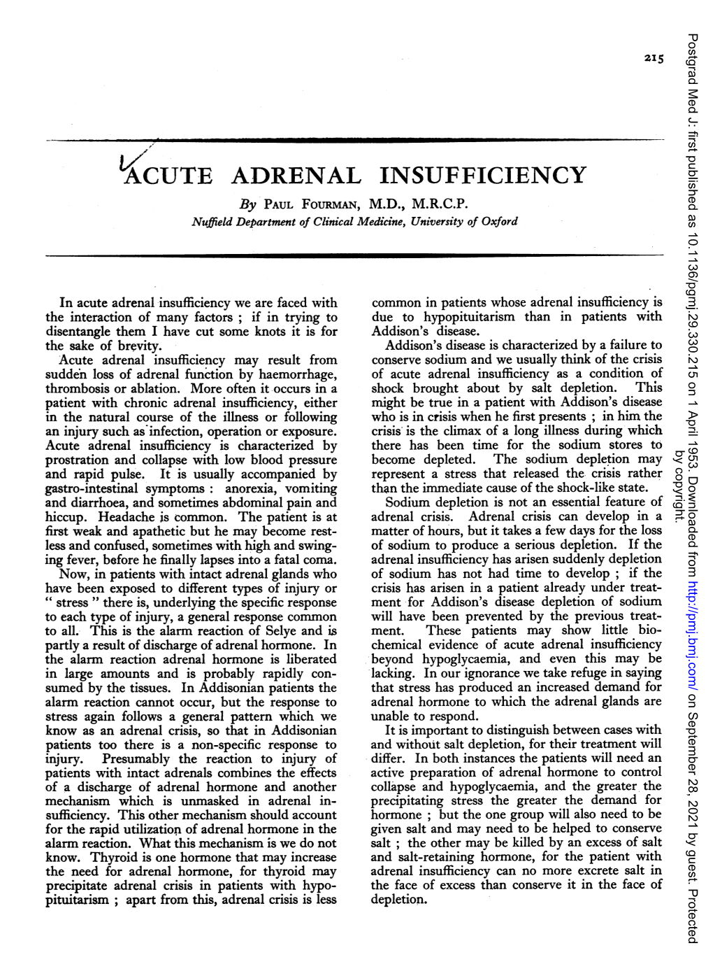 ACUTE ADRENAL INSUFFICIENCY by PAUL FOURMAN, M.D., M.R.C.P