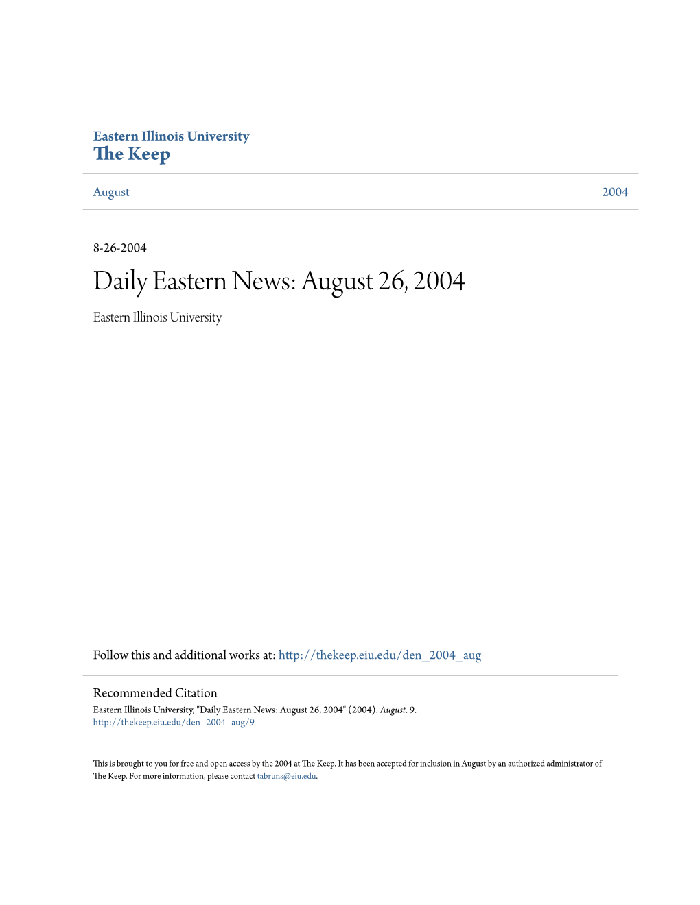 Daily Eastern News: August 26, 2004 Eastern Illinois University