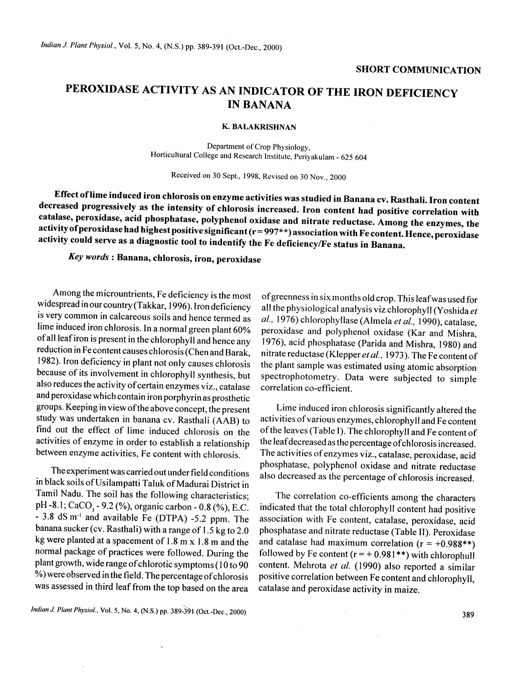 Peroxidase Activity As an Indicator of the Iron Deficiency in Banana