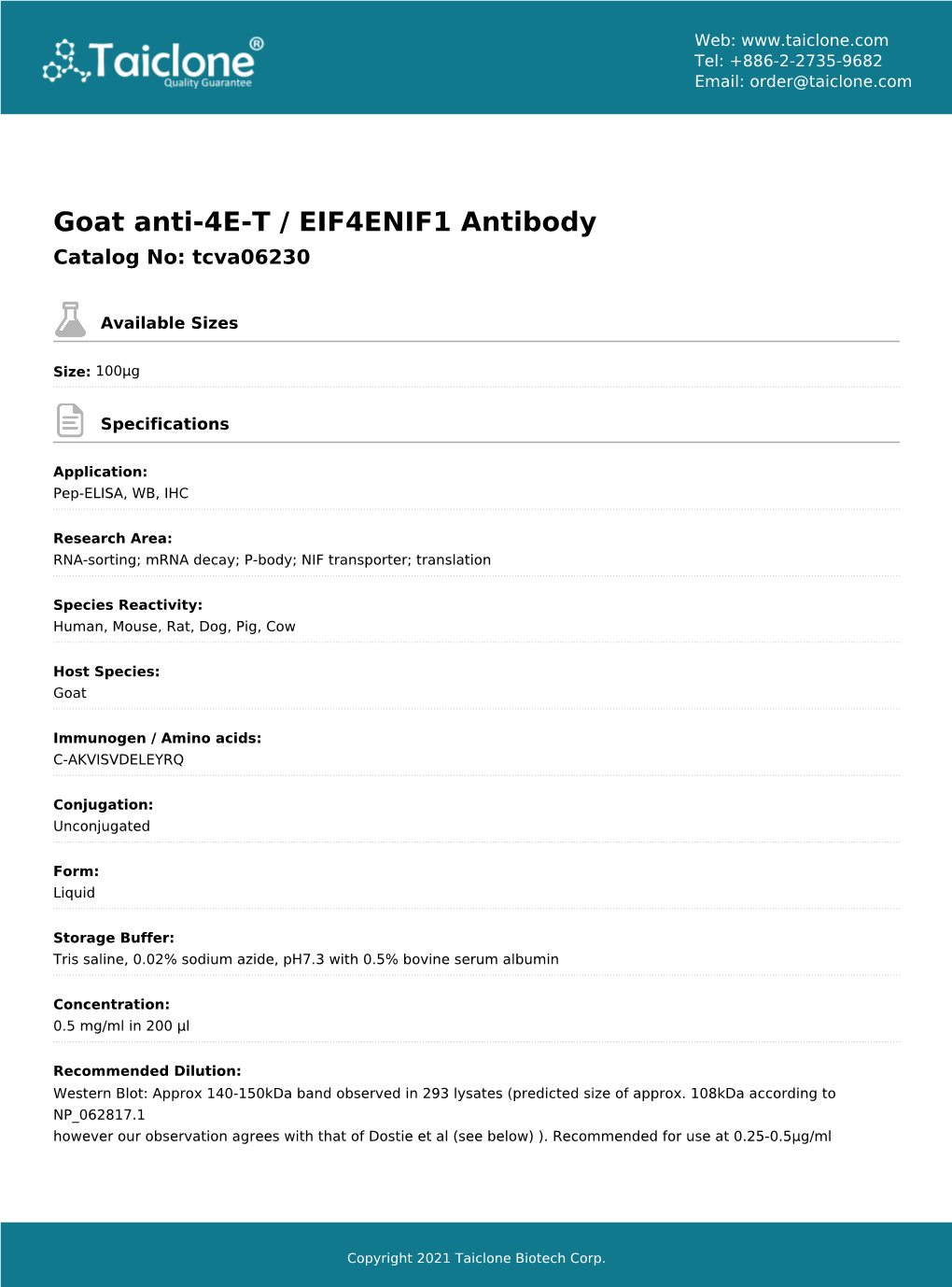 Goat Anti-4E-T / EIF4ENIF1 Antibody Catalog No: Tcva06230
