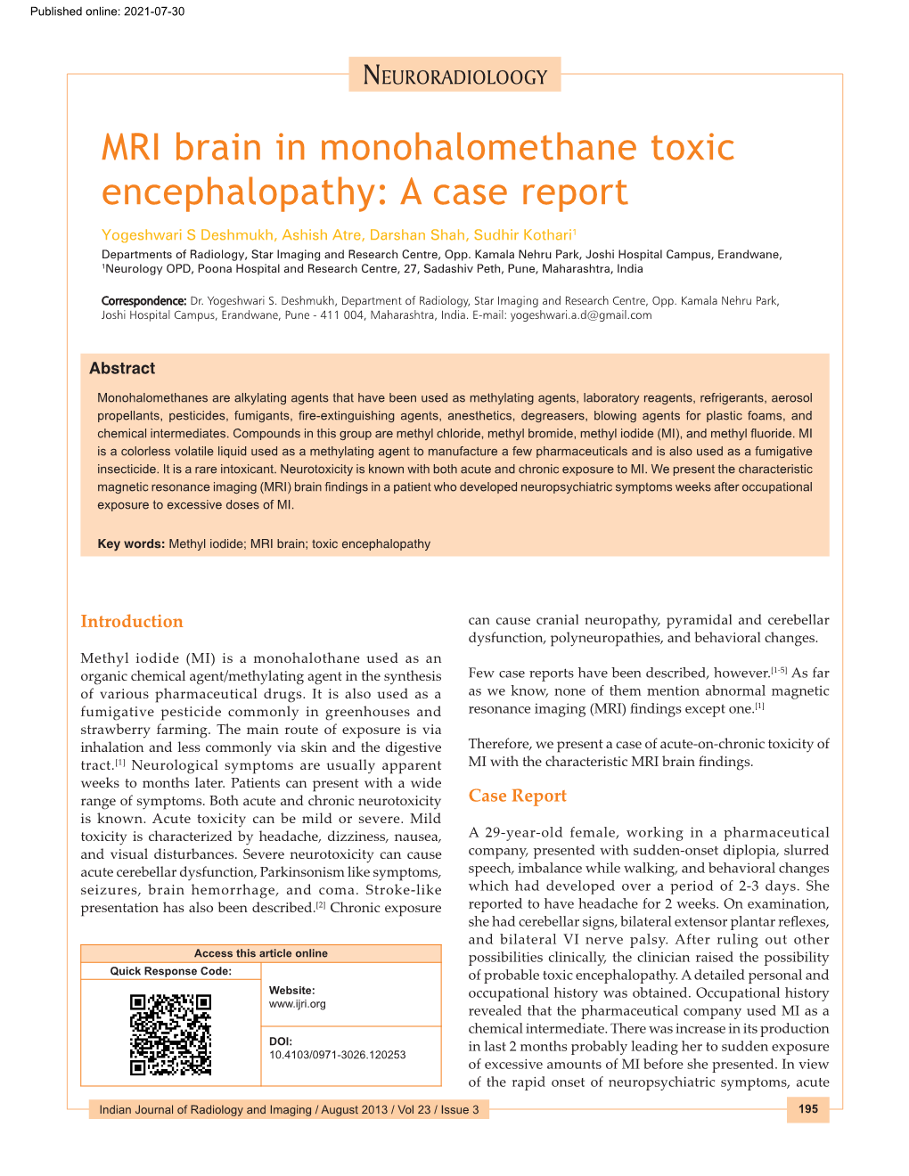 MRI Brain in Monohalomethane Toxic Encephalopathy