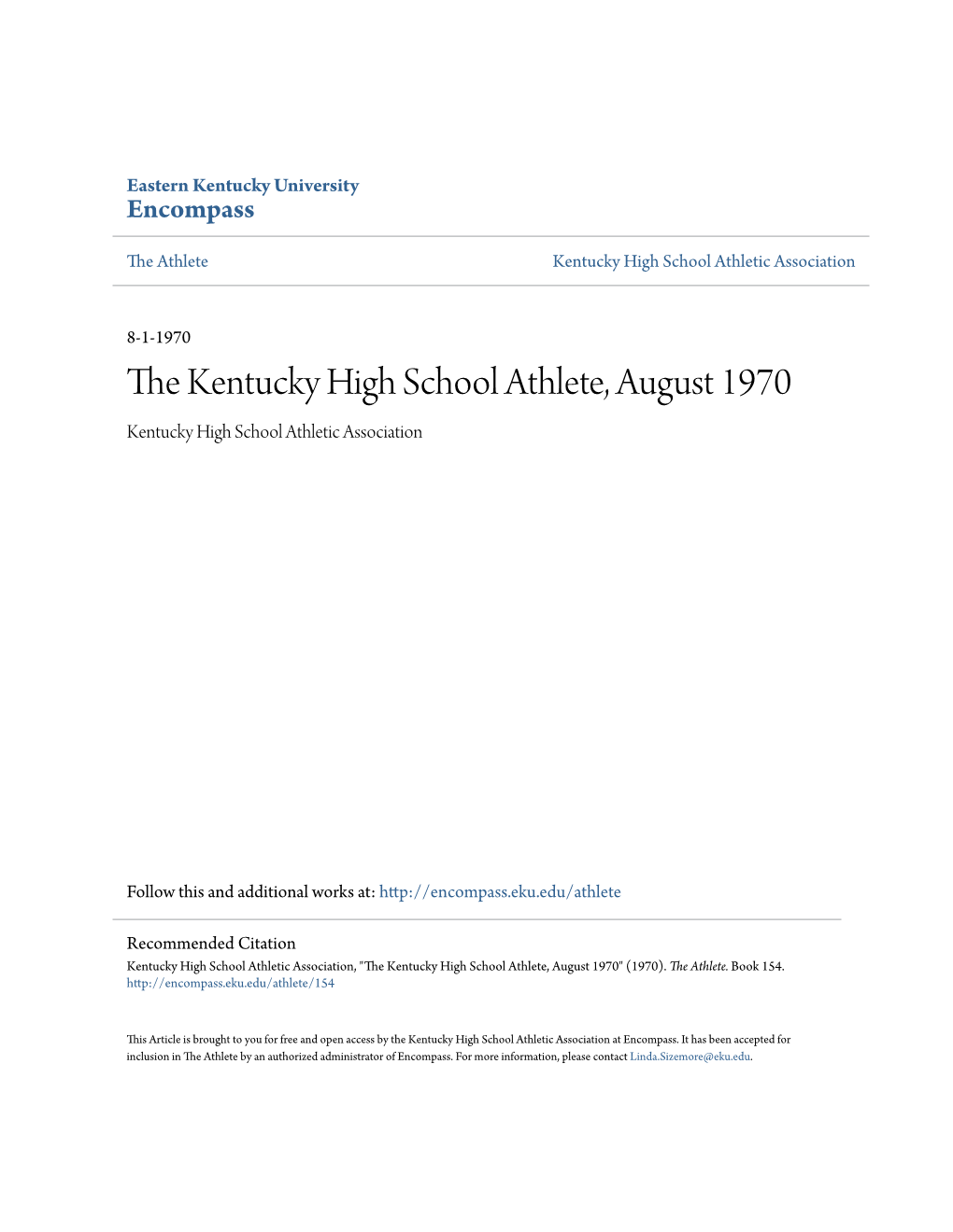 The Kentucky High School Athlete, August 1970 Kentucky High School Athletic Association