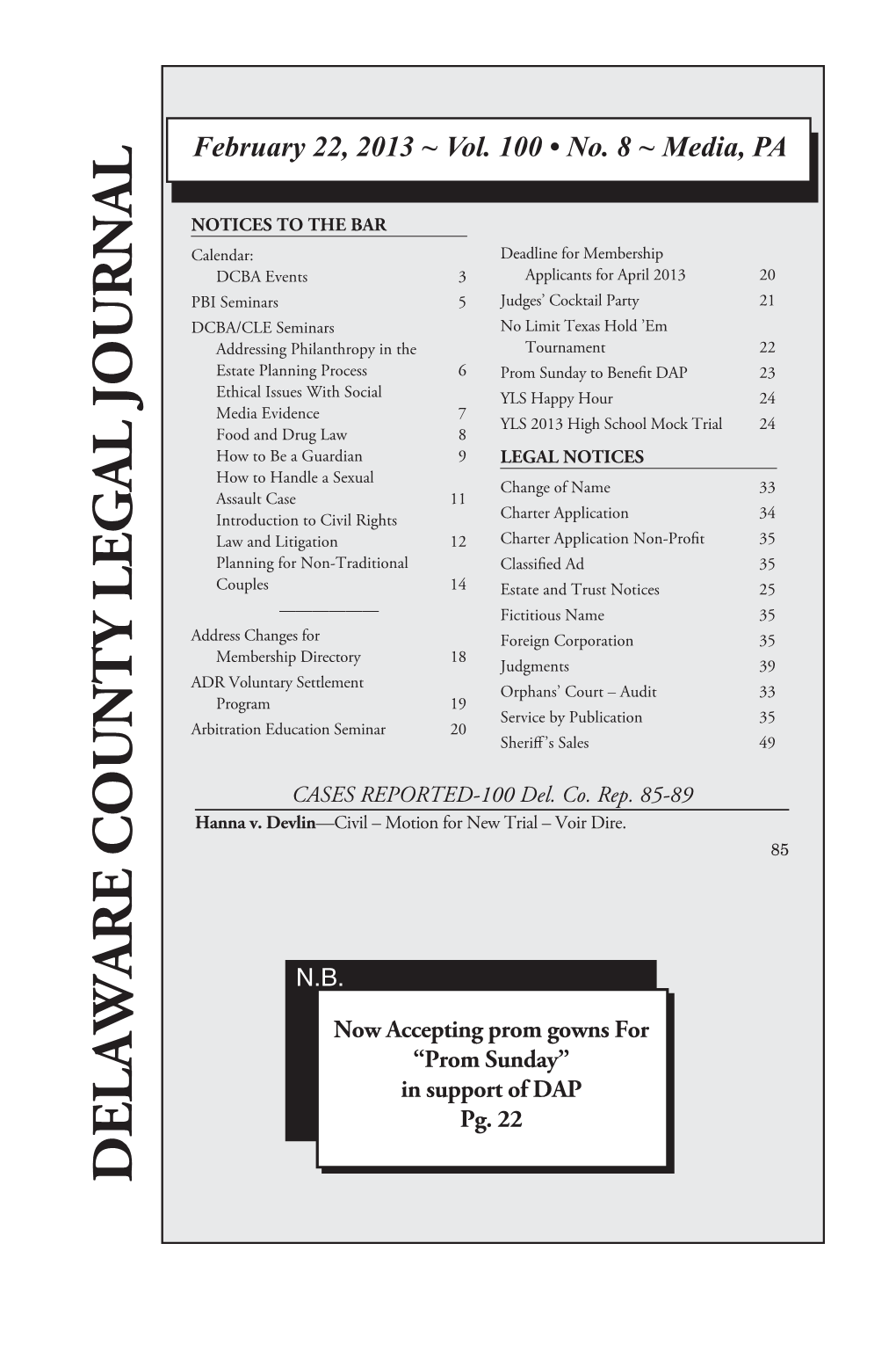 DELAWARE COUNTY LEGAL JOURNAL NOTICESDELAWARE to the BAR COUNTY Legalvol