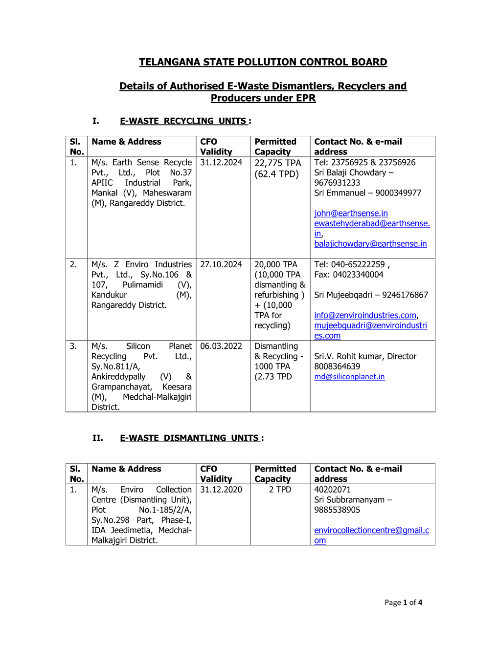 Details of Authorised E-Waste Dismantlers Recyclers And