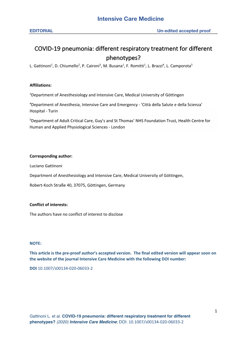 COVID-19 Pneumonia: Different Respiratory Treatment for Different Phenotypes? L