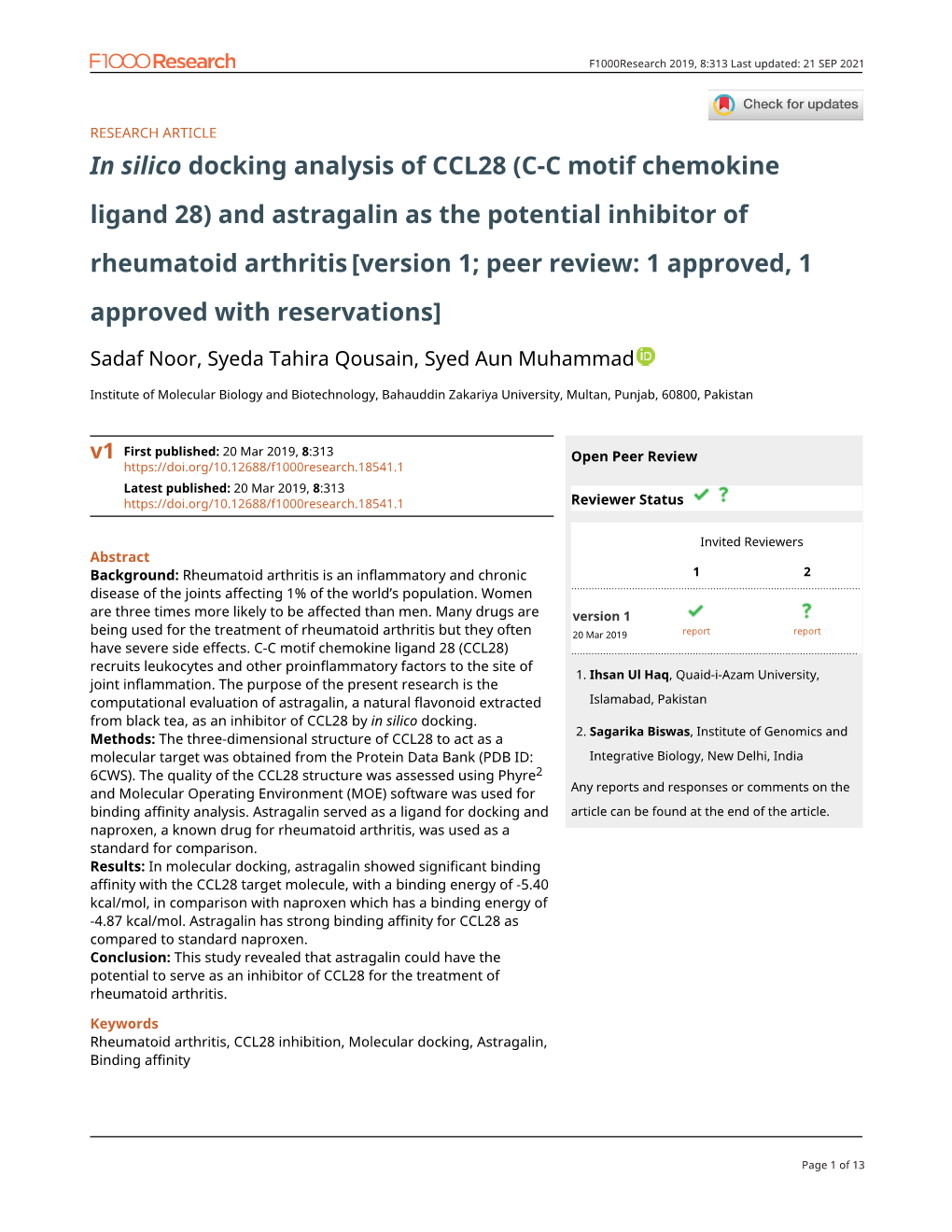 In Silico Docking Analysis of CCL28 (CC Motif Chemokine Ligand