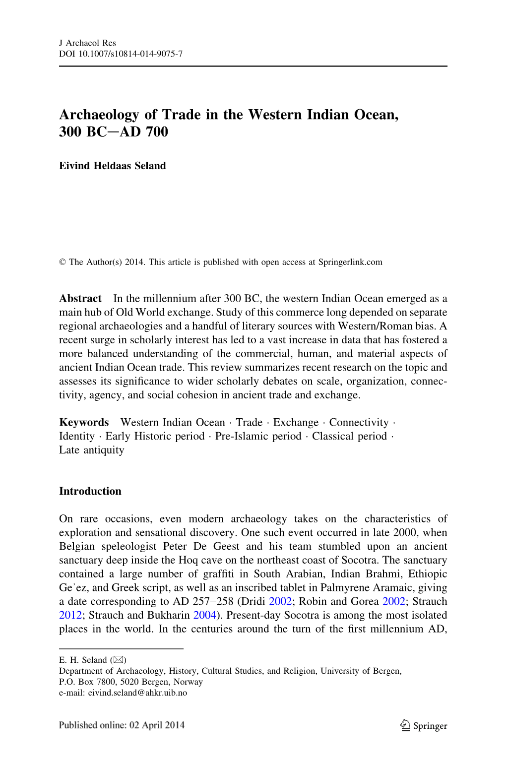 Archaeology of Trade in the Western Indian Ocean, 300 BC–AD 700