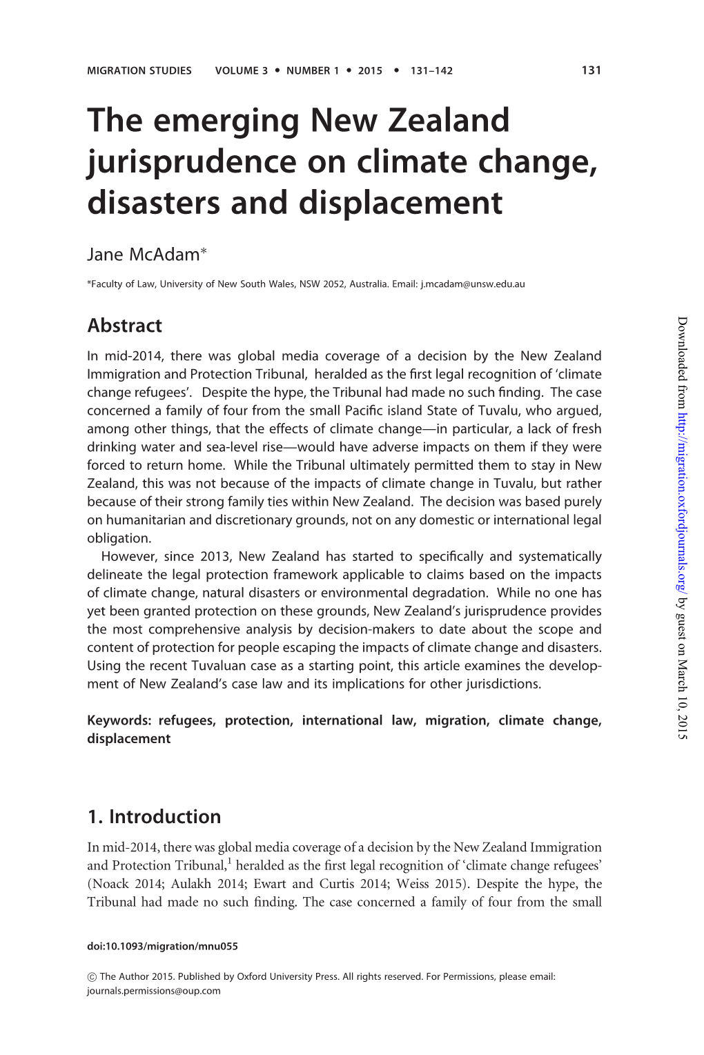 The Emerging New Zealand Jurisprudence on Climate Change, Disasters and Displacement