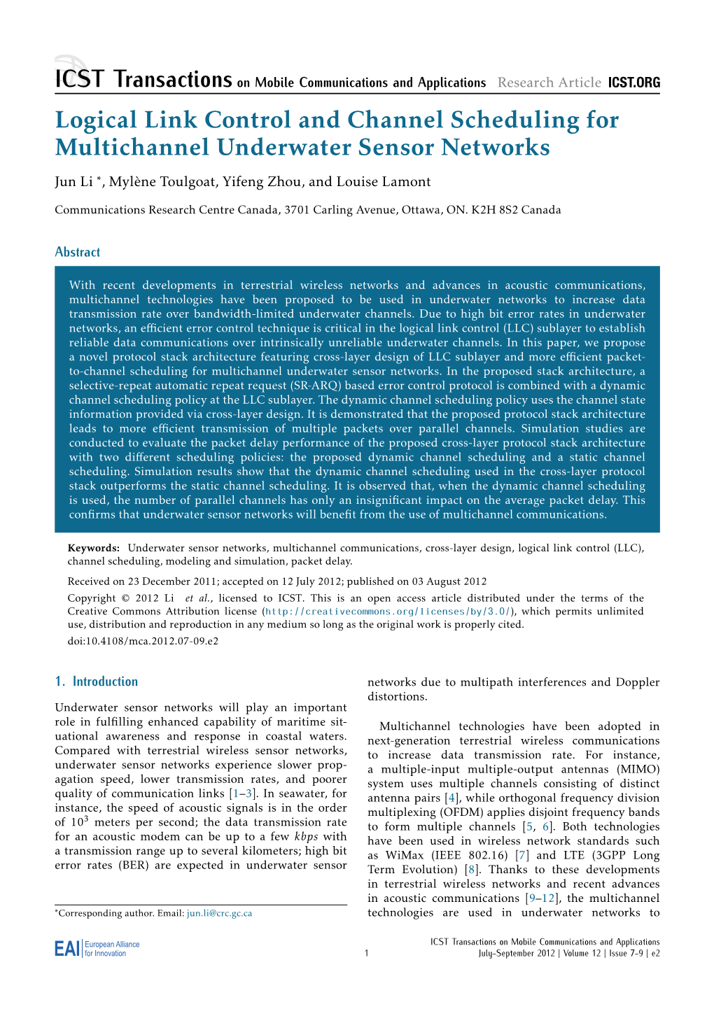 Logical Link Control and Channel Scheduling for Multichannel Underwater Sensor Networks