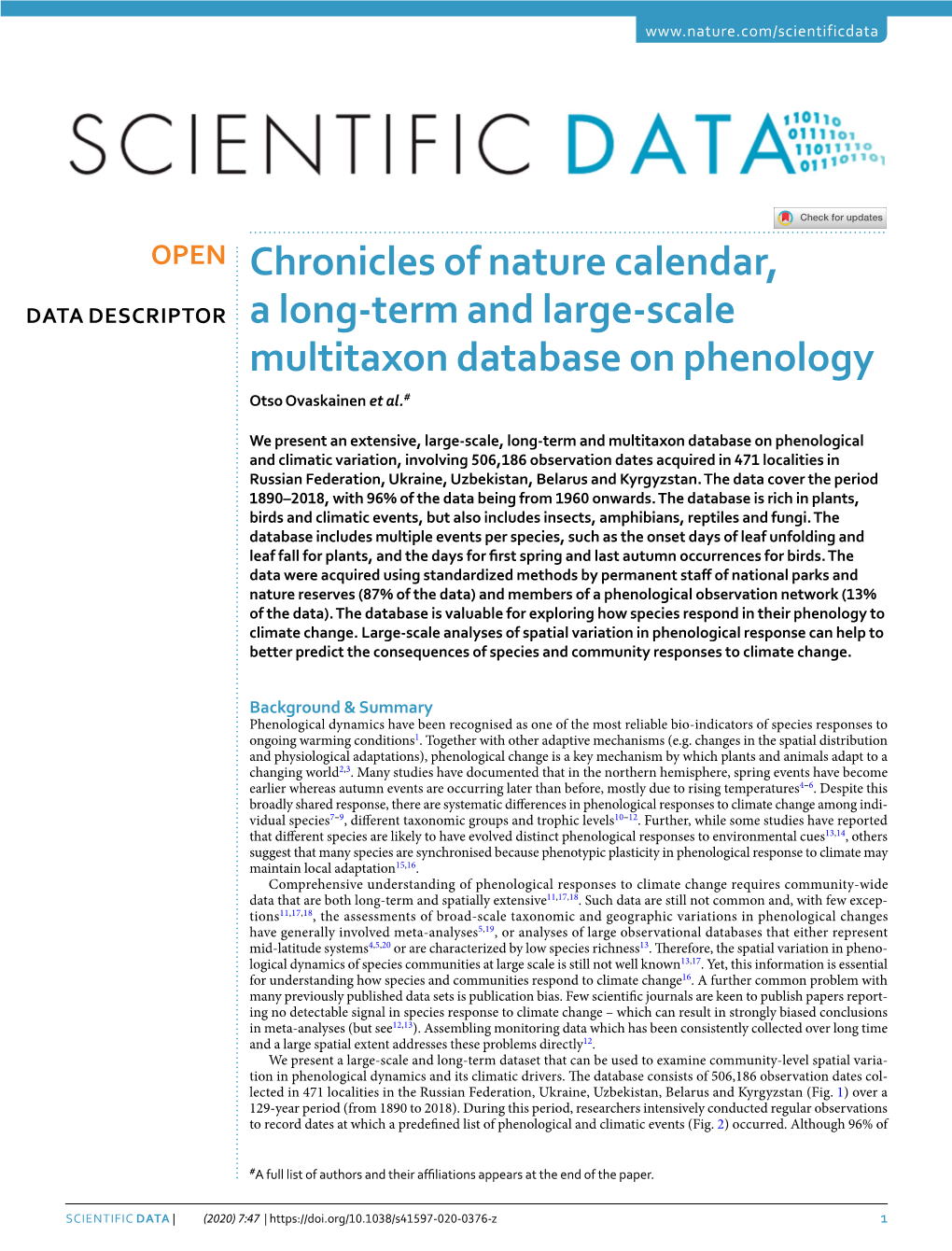 Chronicles of Nature Calendar, a Long-Term and Large-Scale Multitaxon Database on Phenology