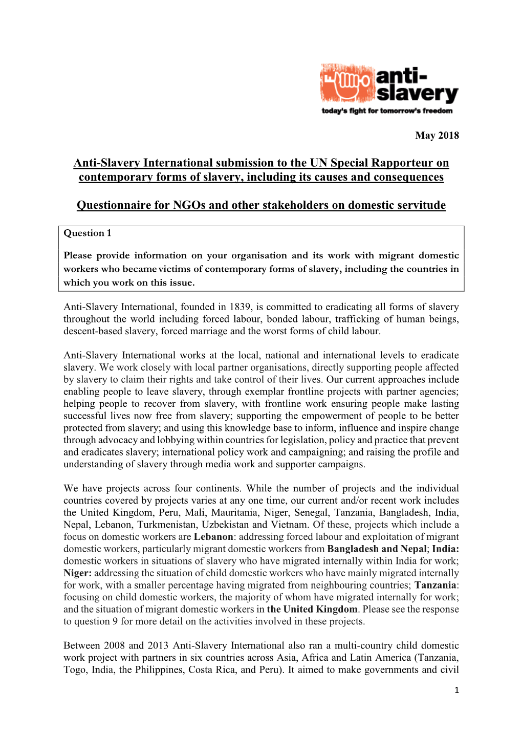 Anti-Slavery International Submission to the UN Special Rapporteur on Contemporary Forms of Slavery, Including Its Causes and Consequences