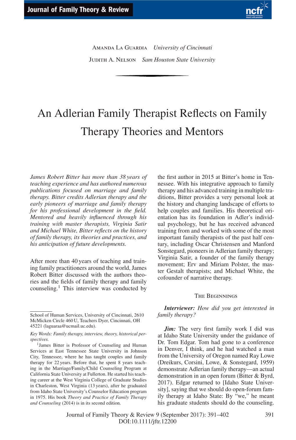An Adlerian Family Therapist Reflects on Family Therapy Theories and Mentors
