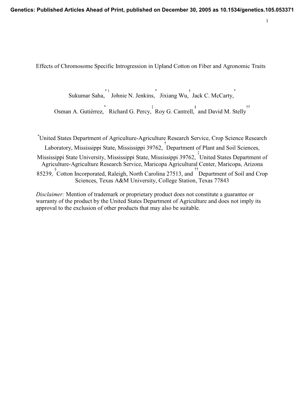 Effects of Chromosome Specific Introgression in Upland Cotton on Fiber and Agronomic Traits