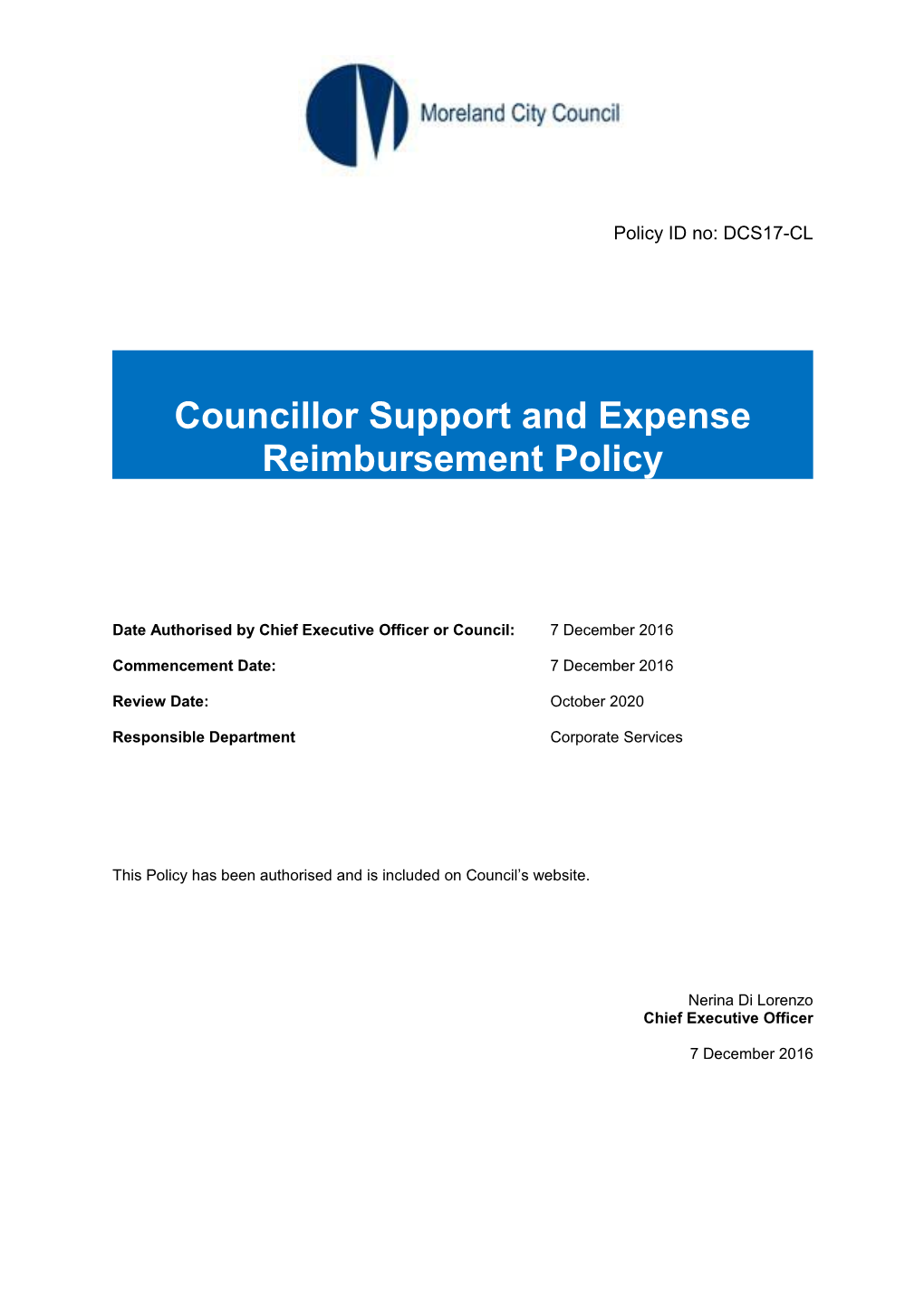 Councillor Support and Expense Reimbursement Policy