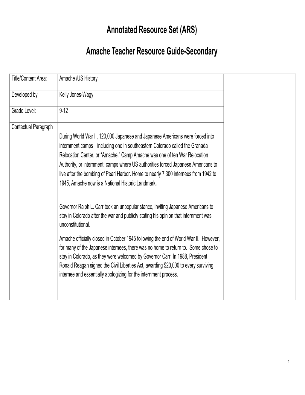 Amache Teacher Resource Guide-Secondary