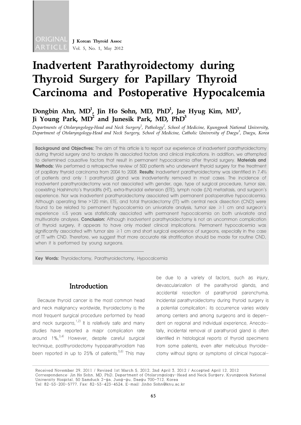 Inadvertent Parathyroidectomy During Thyroid Surgery for Papillary Thyroid Carcinoma and Postoperative Hypocalcemia