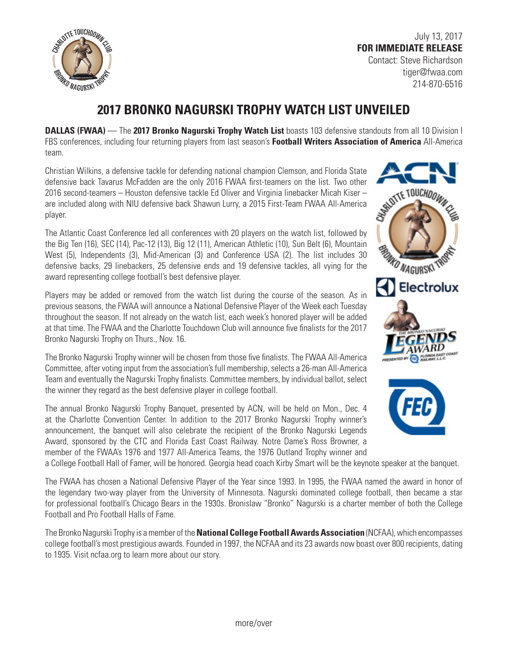 2017 Bronko Nagurski Trophy Watch List Unveiled