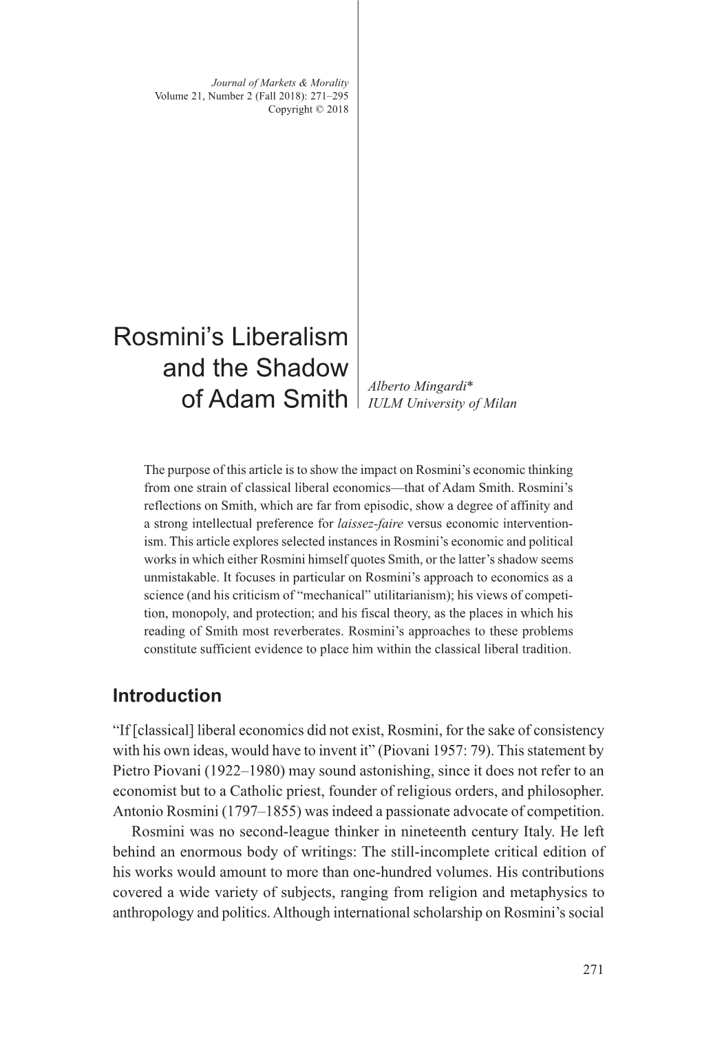 Rosmini's Liberalism and the Shadow of Adam Smith