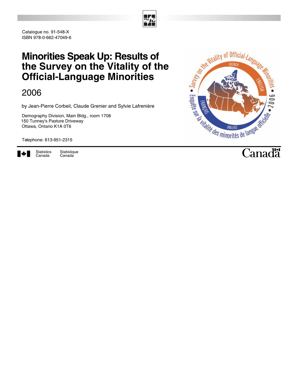 Results of the Survey on the Vitality of Official-Language Minorities Table of Contents Page