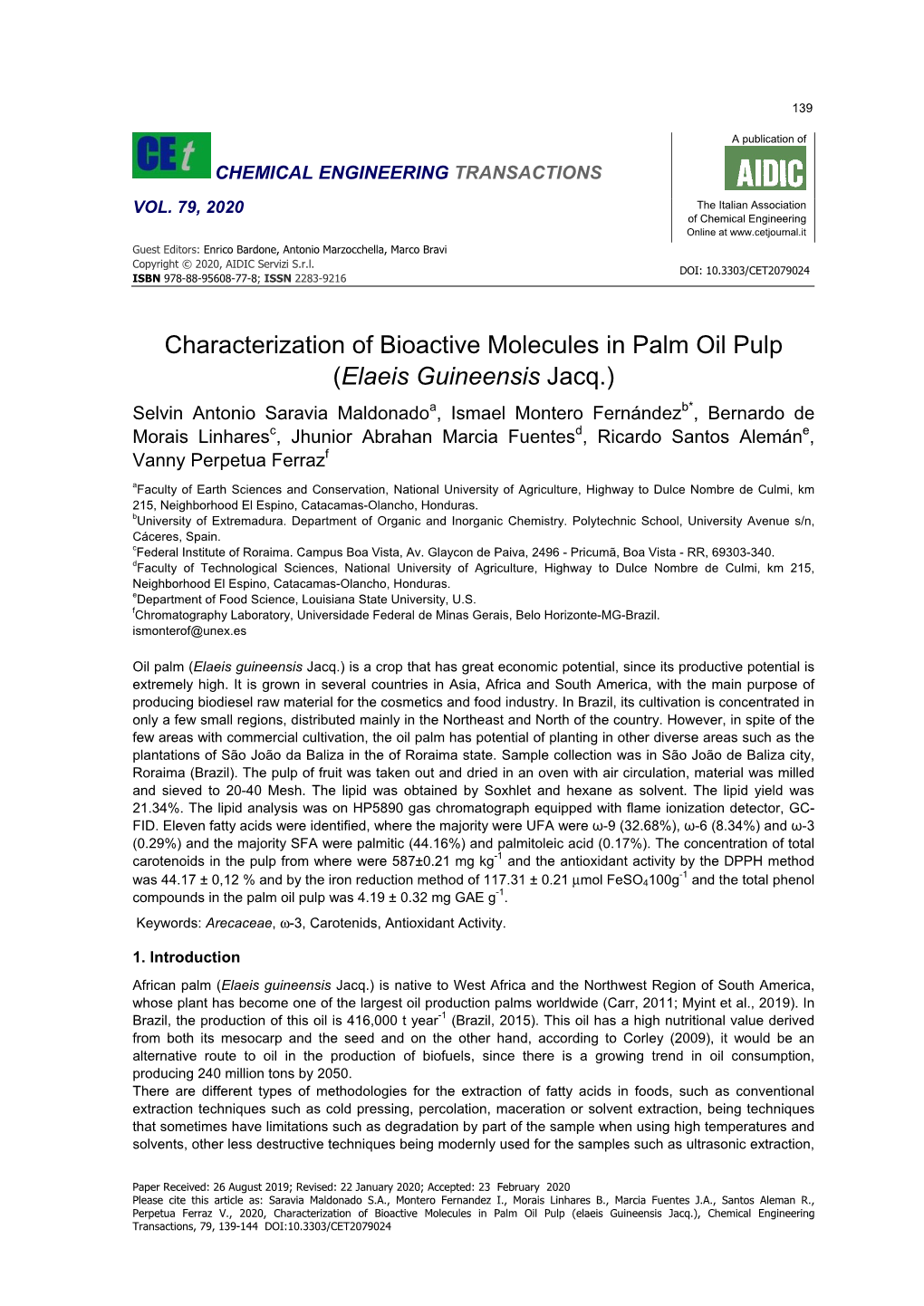 Characterization of Bioactive Molecules in Palm Oil Pulp