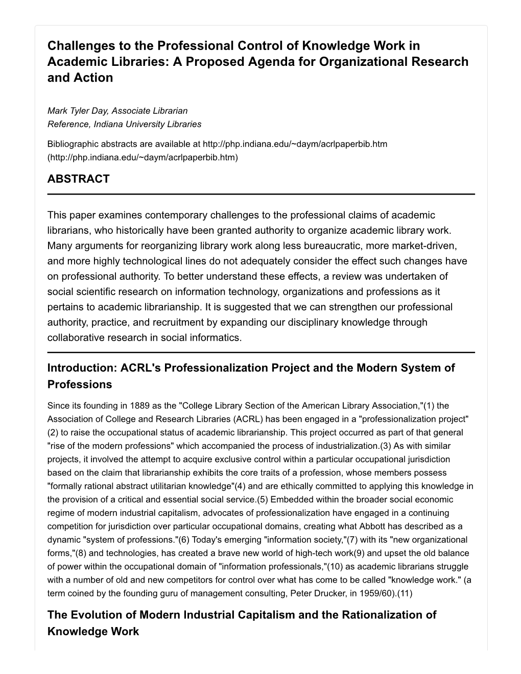 Challenges to the Professional Control of Knowledge Work in Academic Libraries: a Proposed Agenda for Organizational Research and Action