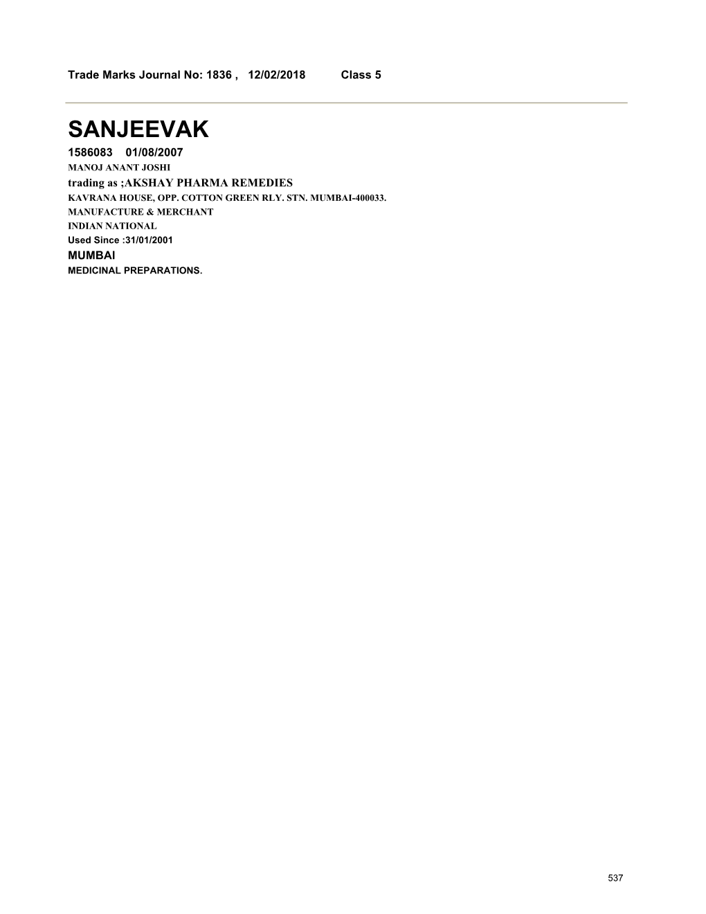 SANJEEVAK 1586083 01/08/2007 MANOJ ANANT JOSHI Trading As ;AKSHAY PHARMA REMEDIES KAVRANA HOUSE, OPP