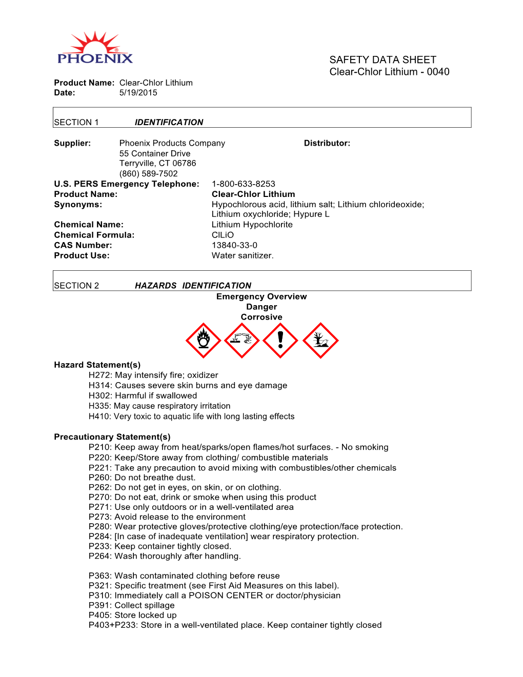 Clear-Chlor Lithium - 0040 Product Name: Clear-Chlor Lithium Date: 5/19/2015