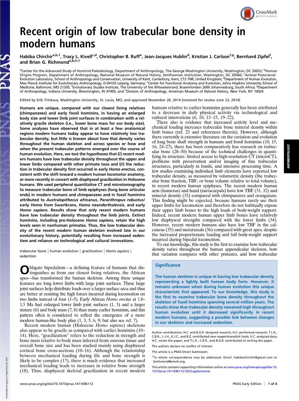 Recent Origin of Low Trabecular Bone Density in Modern Humans