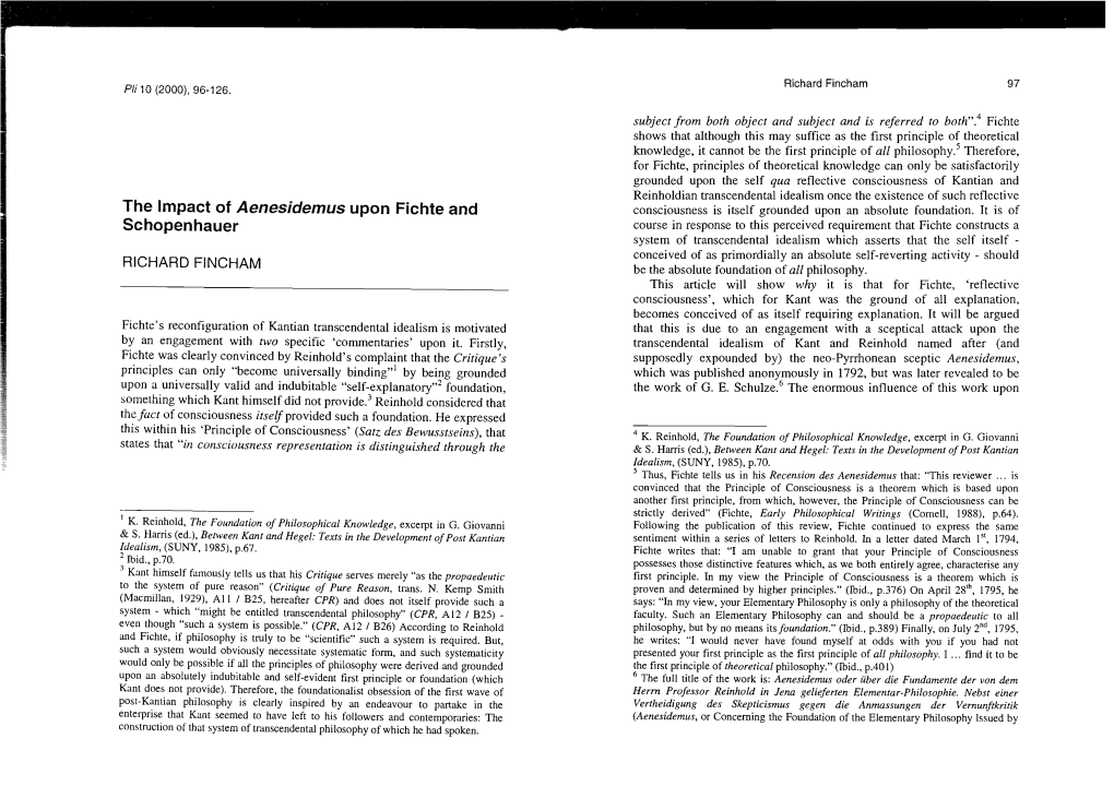 The Impact of Aenesidemus Upon Fichte and Schopenhauer