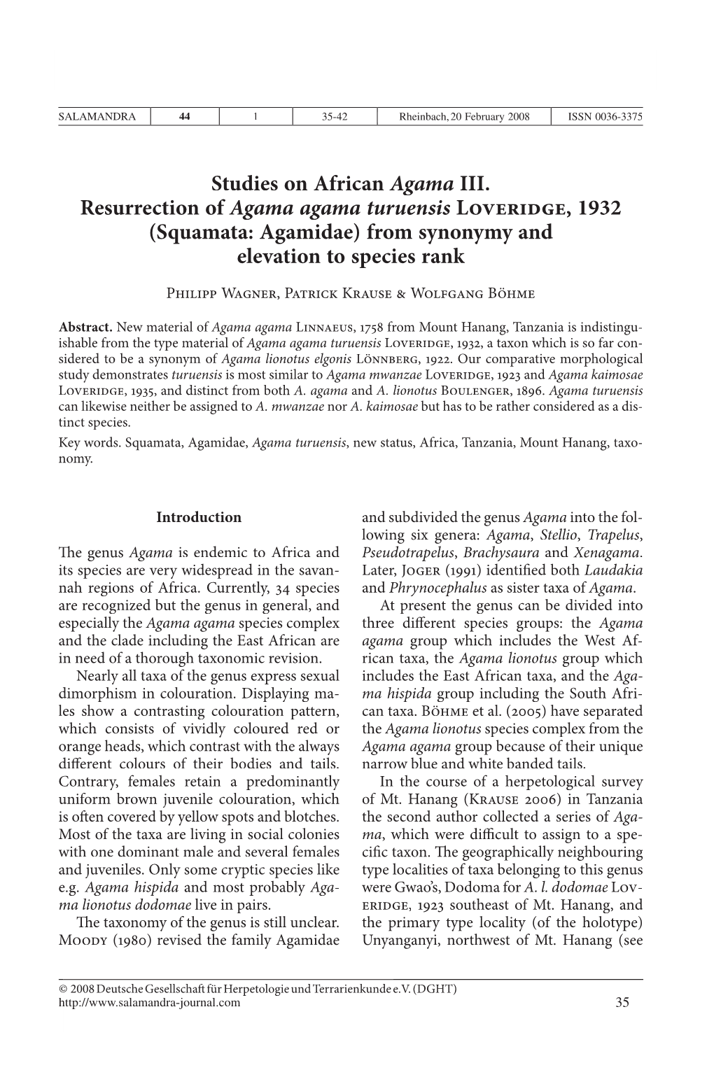 Studies on African Agama III. Resurrection of Agama Agama Turuensis Loveridge, 1932 (Squamata: Agamidae) from Synonymy and Elevation to Species Rank