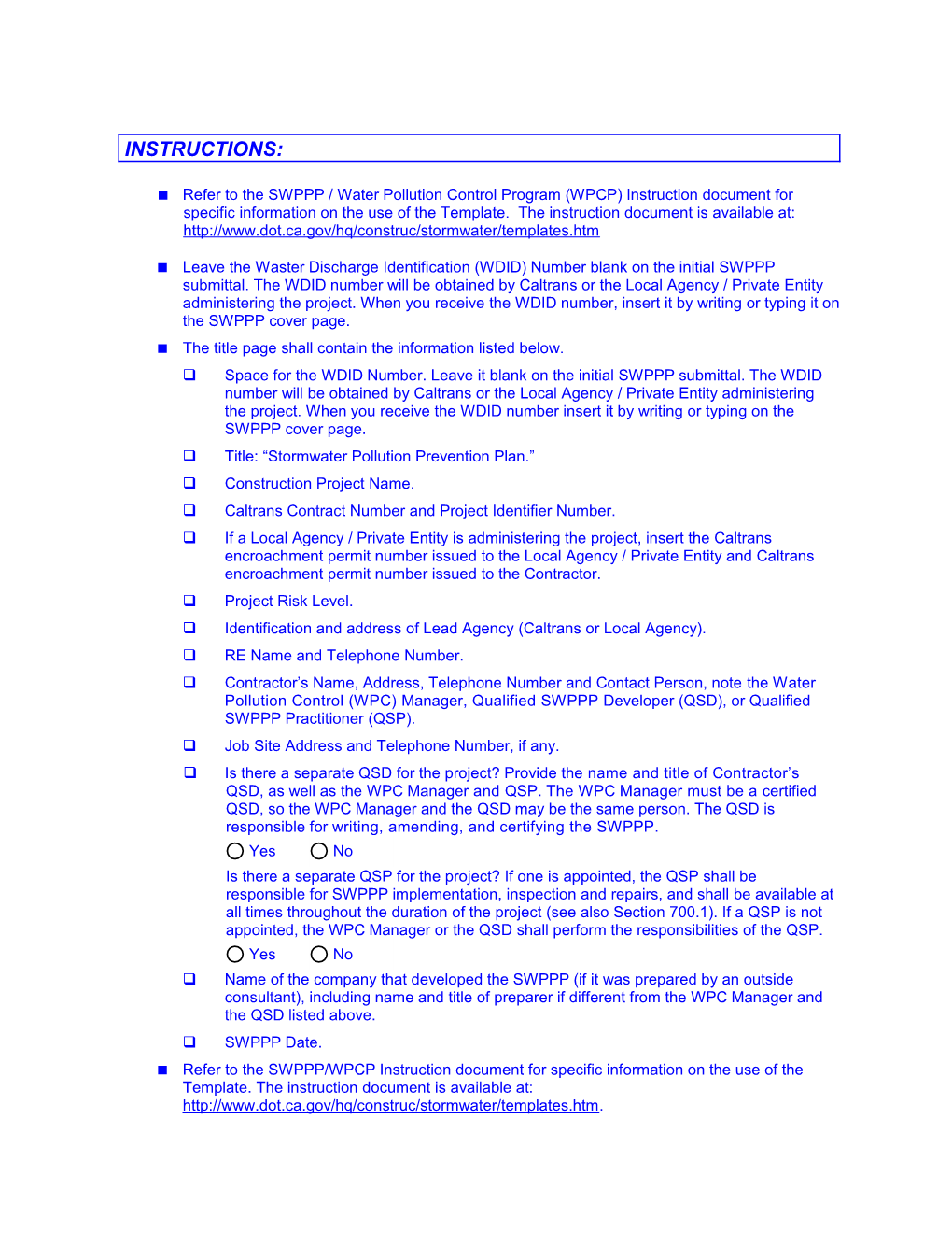 NOTE: The Following Is A Caltrans Draft Stormwater Pollution Prevention Plan (SWPPP) Template Update As Of September 20, 2010