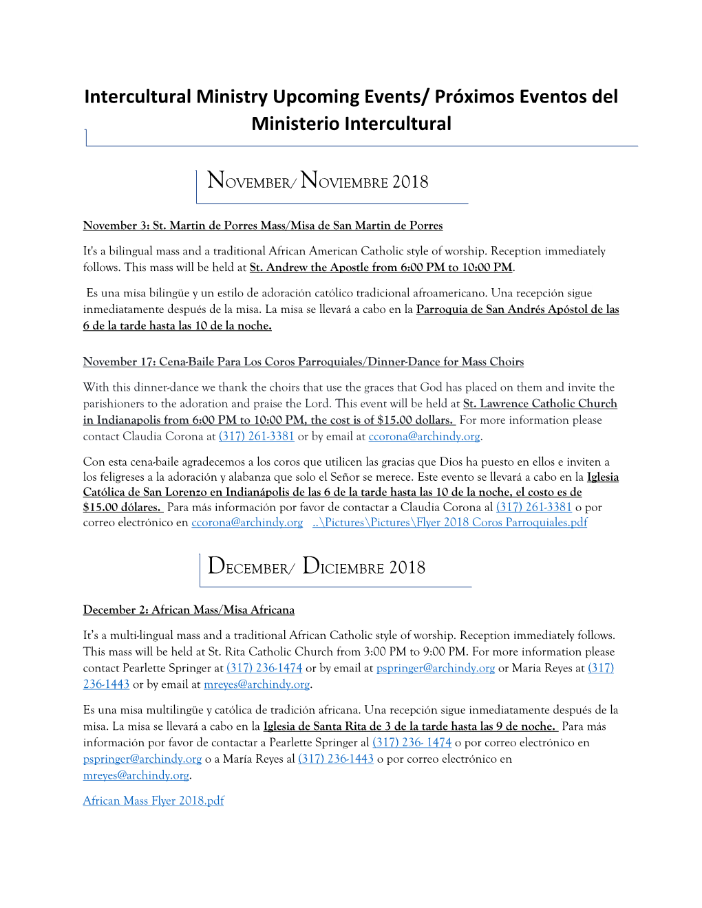 Intercultural Ministry Upcoming Events/ Próximos Eventos Del Ministerio Intercultural