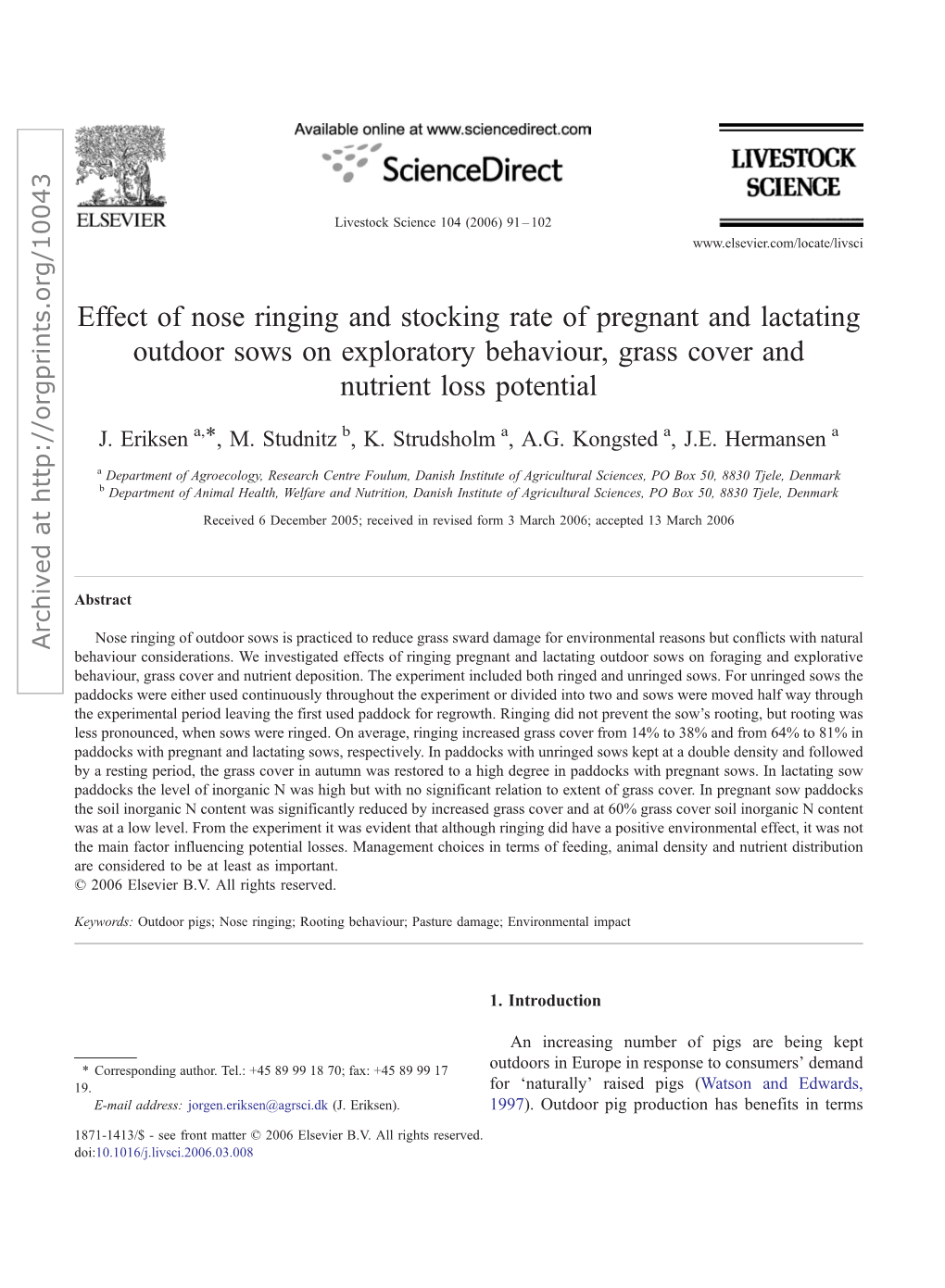Effect of Nose Ringing and Stocking Rate of Pregnant and Lactating Outdoor Sows on Exploratory Behaviour, Grass Cover and Nutrient Loss Potential