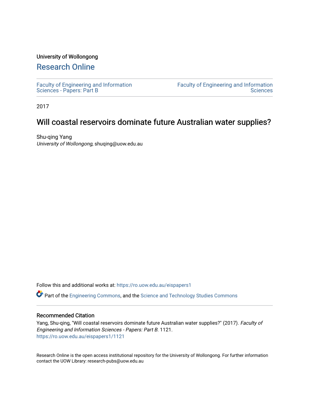 Will Coastal Reservoirs Dominate Future Australian Water Supplies?