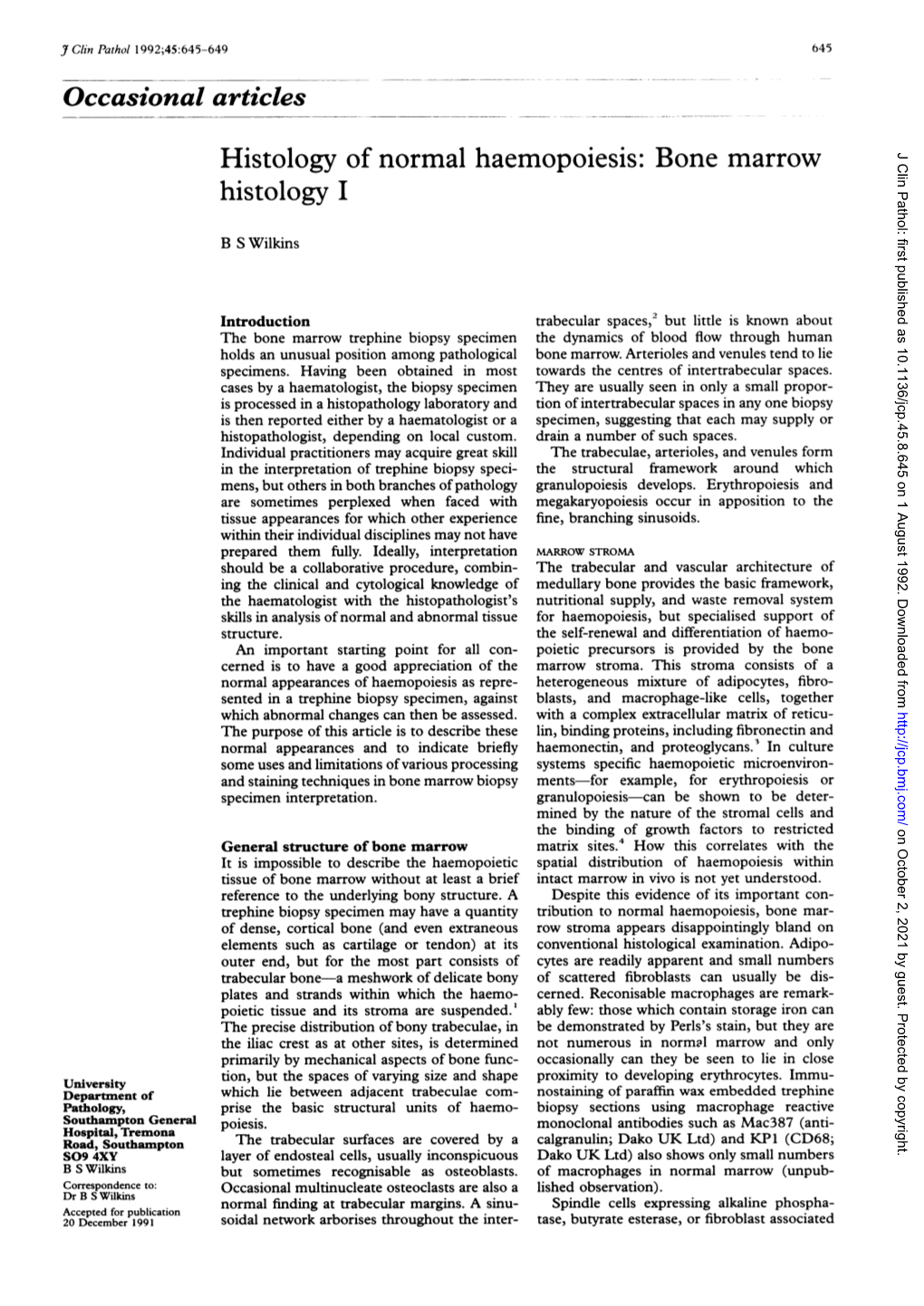 Occasional Articles Histology of Normal Haemopoiesis: Bone Marrow