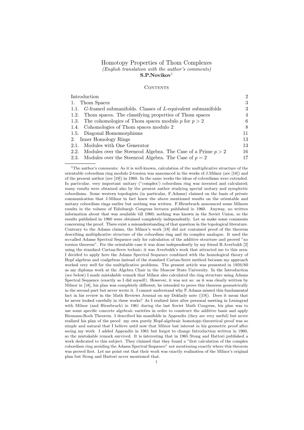 Homotopy Properties of Thom Complexes (English Translation with the Author’S Comments) S.P.Novikov1