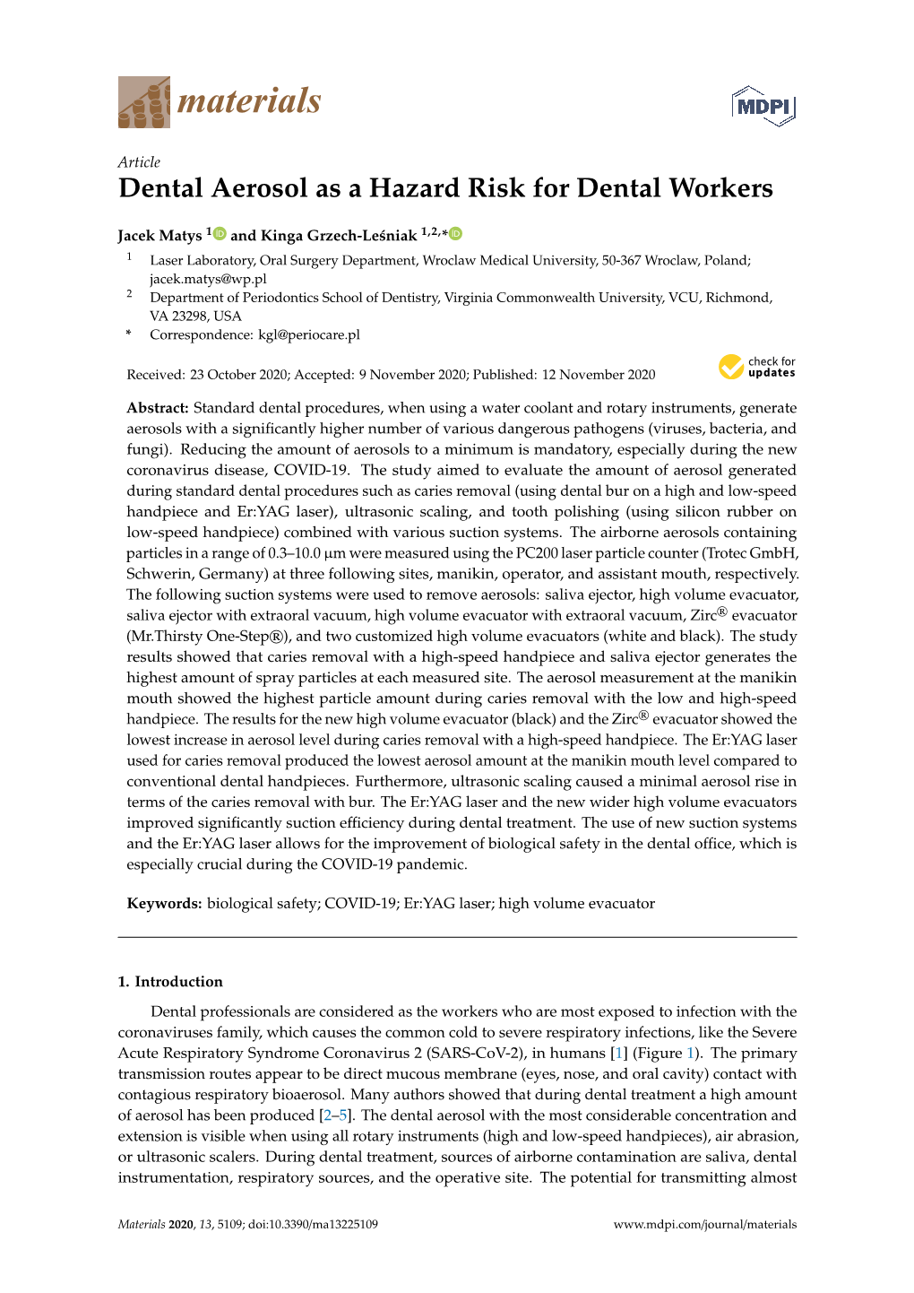 Dental Aerosol As a Hazard Risk for Dental Workers