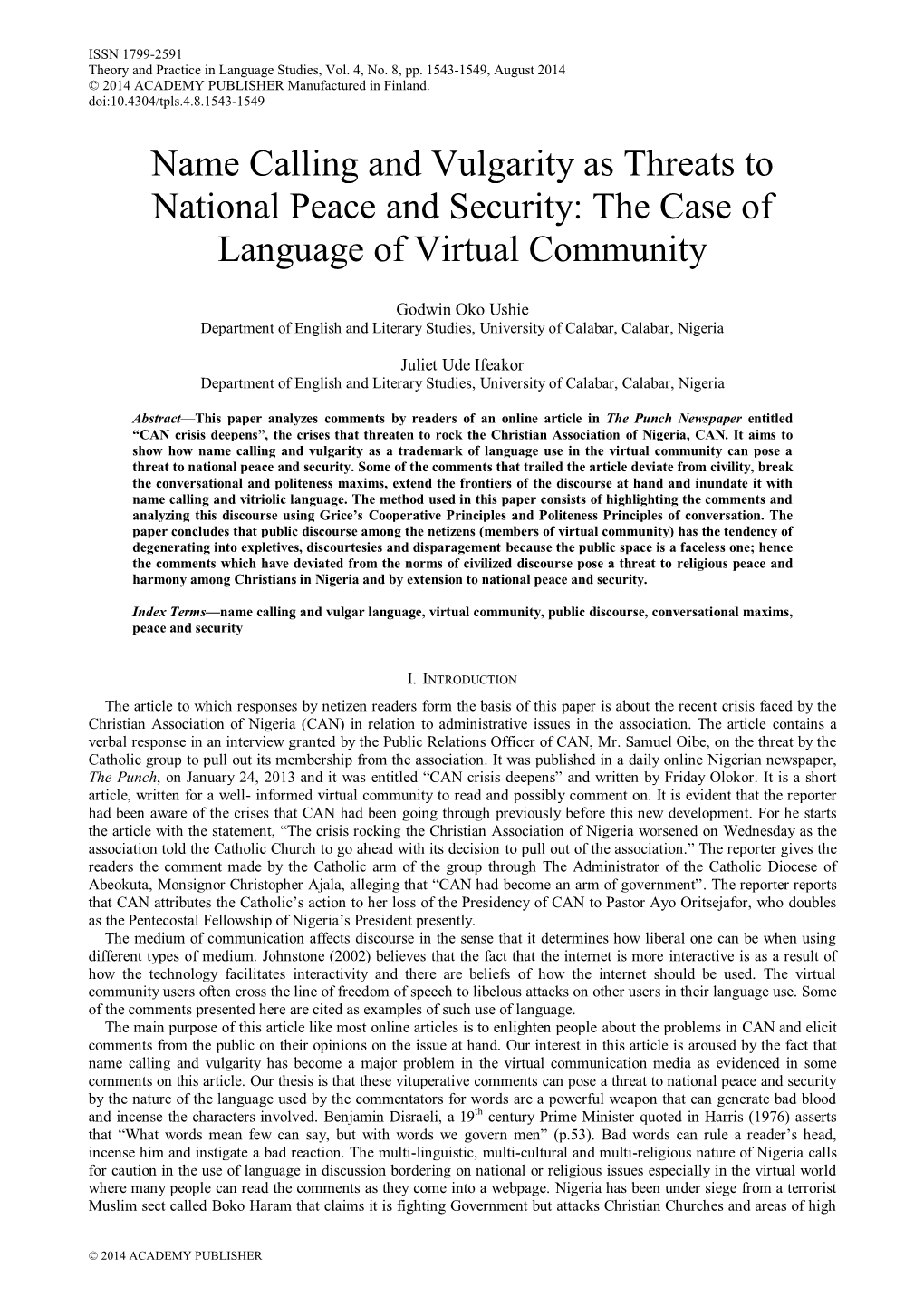 Name Calling and Vulgarity As Threats to National Peace and Security: the Case of Language of Virtual Community
