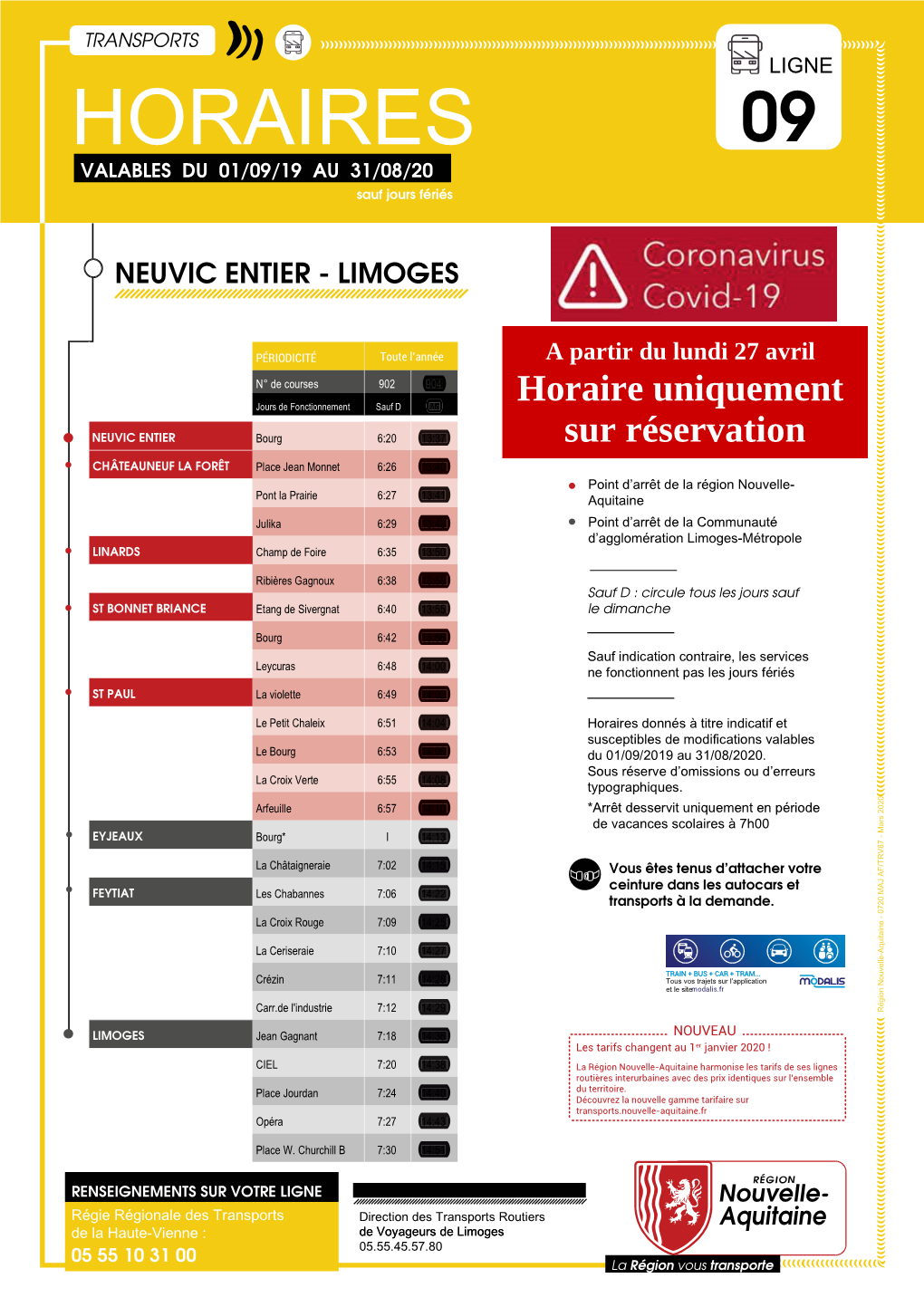 HORAIRES 09 VALABLES DU 01/09/19 AU 31/08/20 Sauf Jours Fériés