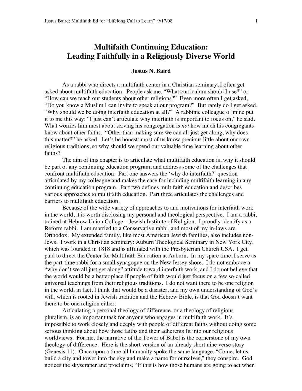 Multifaith Continuing Education: Leading Faithfully in a Religiously Diverse World