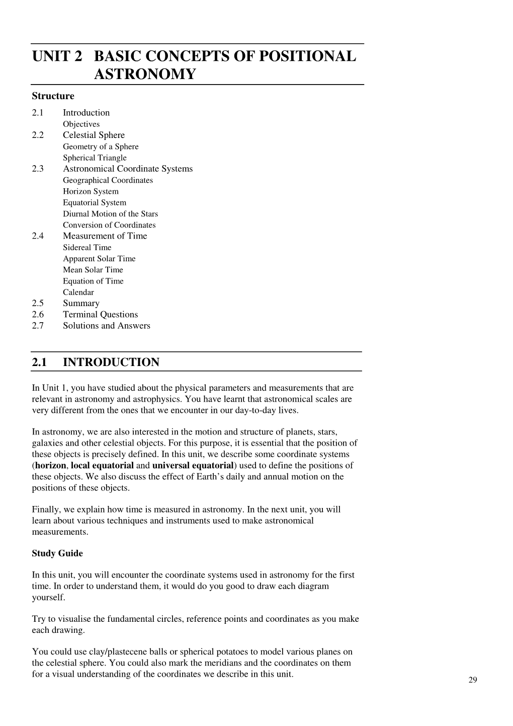 Unit 2 Basic Concepts of Positional Astronomy