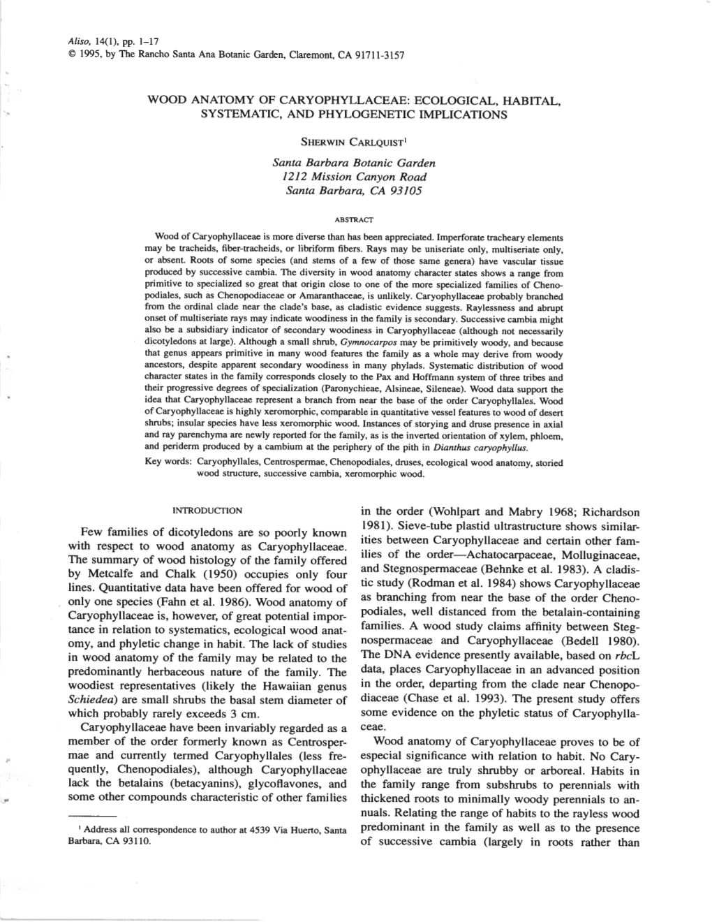 Wood Anatomy of Caryophyllaceae: Ecological, Habital, Systematic, and Phylogenetic Implications