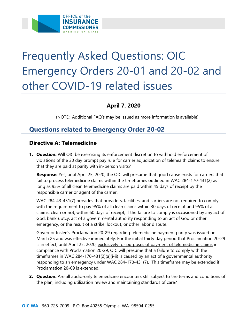 Frequently Asked Questions About Emergency Order 2020-1 and 2020-2